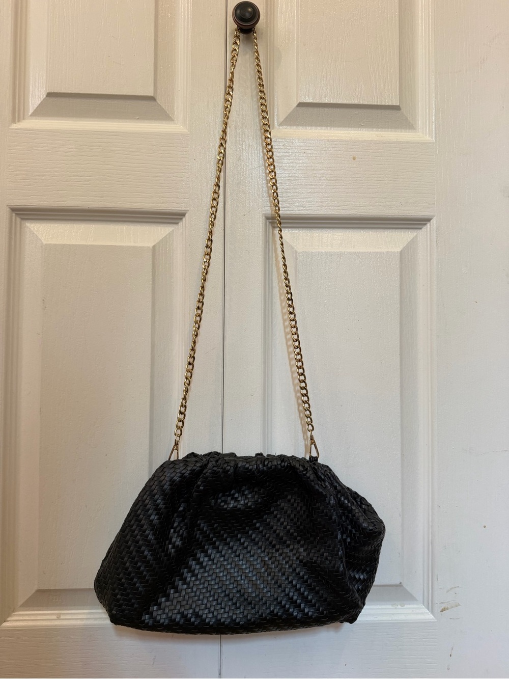 By Anthropologie The Frankie Faux-Leather Clutch Bag Black Gold Chain crossbody